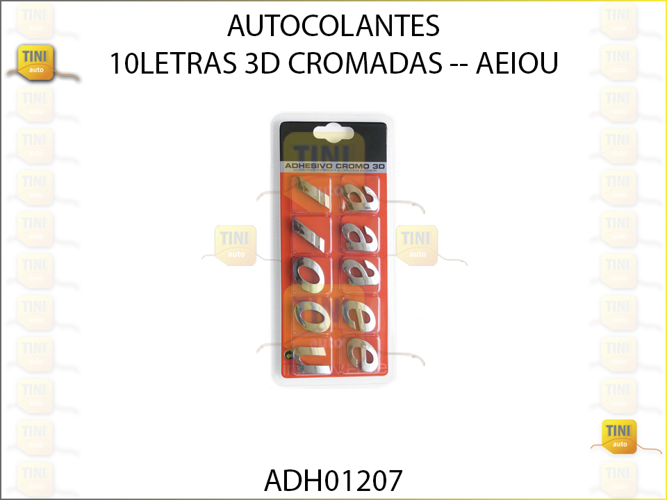 AUTOCOLANTE 10 LETRAS CROMADAS 3D aeiou