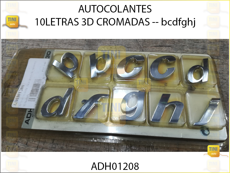 AUTOCOLANTE 10LETRAS CROMADAS 3D bcdfghj