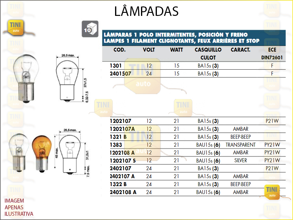 LAMPADA ESFERICA 24V21W   1 POLO CENTRADO